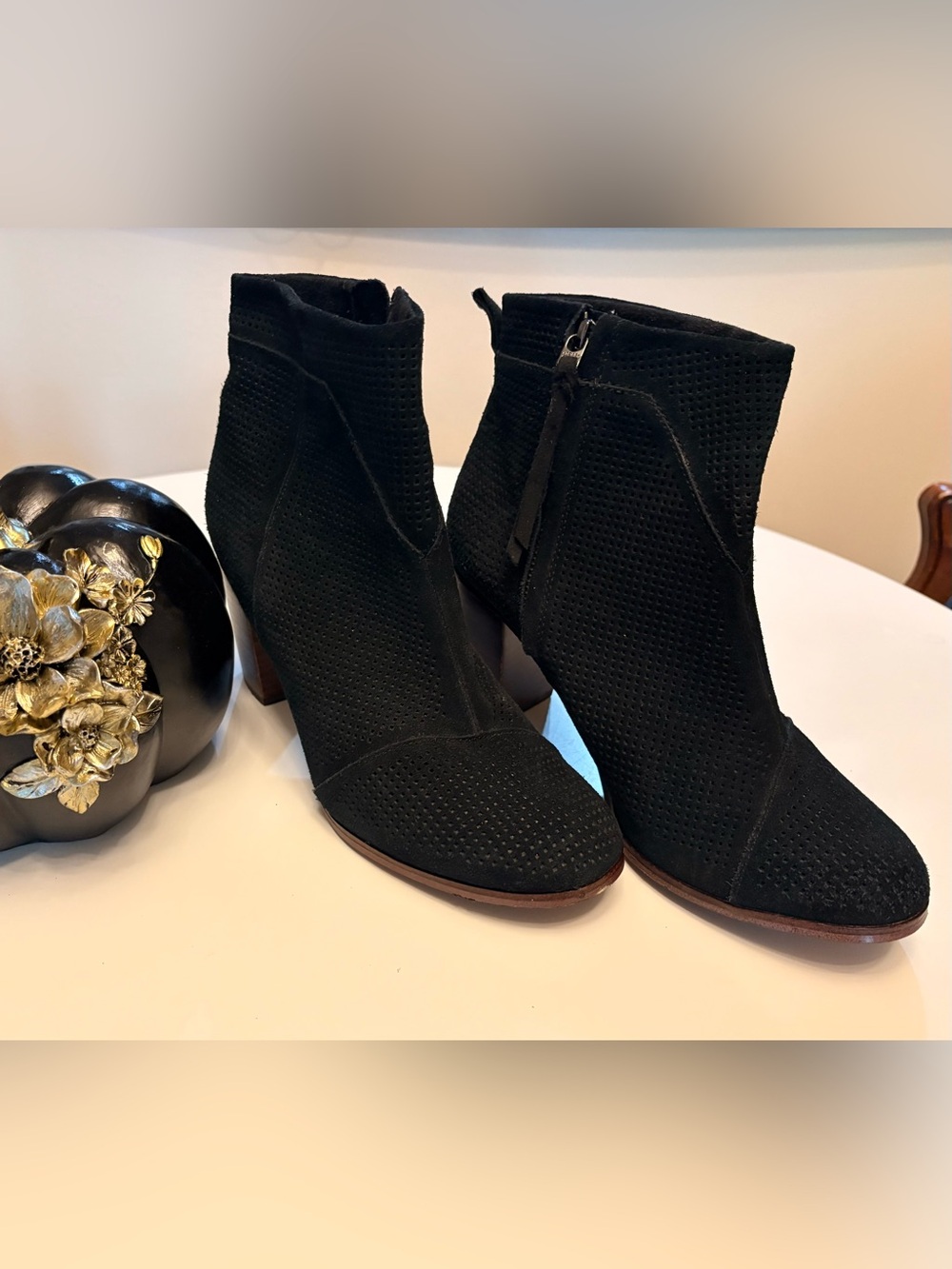 Toms Black Perforated Suede Ankle Booties with Stacked Heel